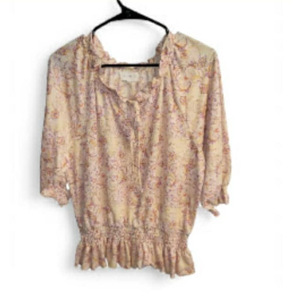 Anthropologie Melloday Ruched Peplum Top Cottagecore Blouse Paisley Sz M